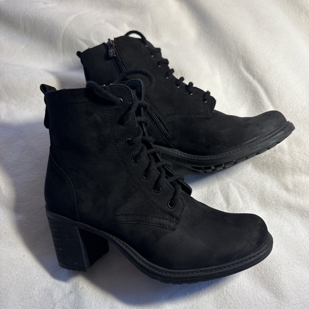Black suede heeled ankle boots